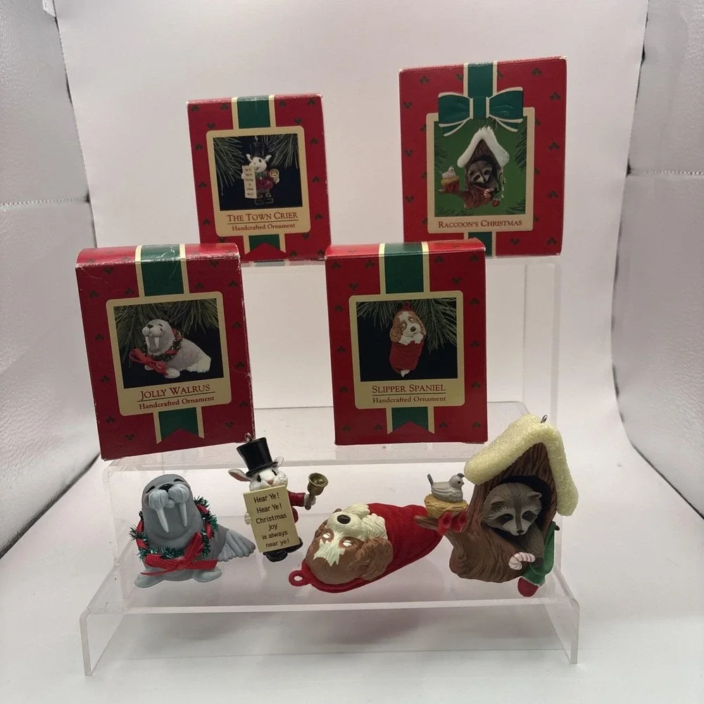 Lot of 4 Hallmark Ornaments~Raccoon, Dogs, Walrus, Town Crier~Vintage